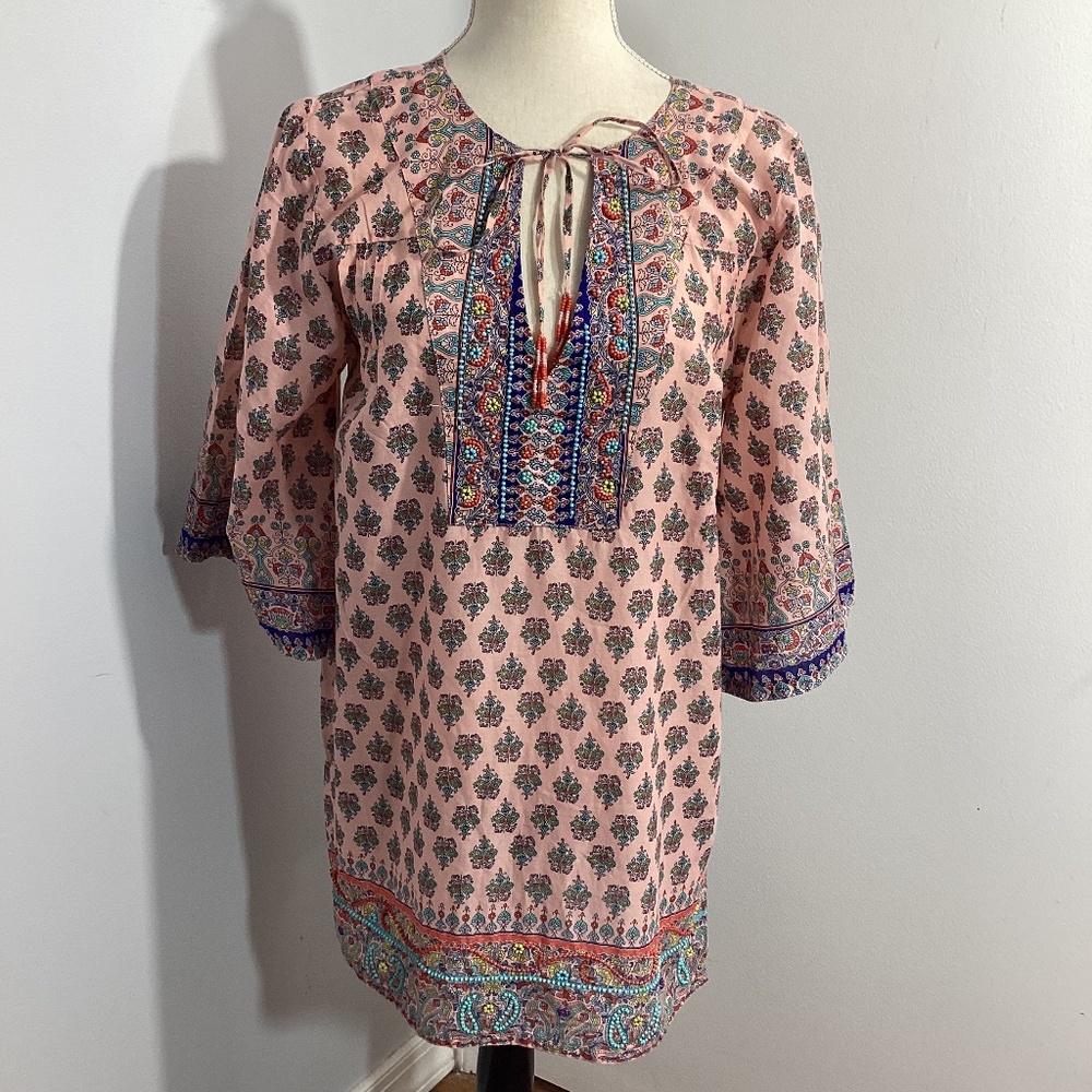 CREMIEUX WOMAN SIZE SMALL 100% COTTON BOHO ARTSY PINK TUNIC BEADED DETAILS